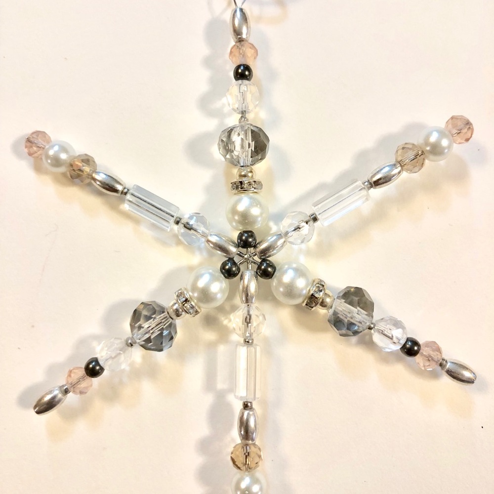 Pearl & Crystal Bead Snowflake Ornament Pink Gray